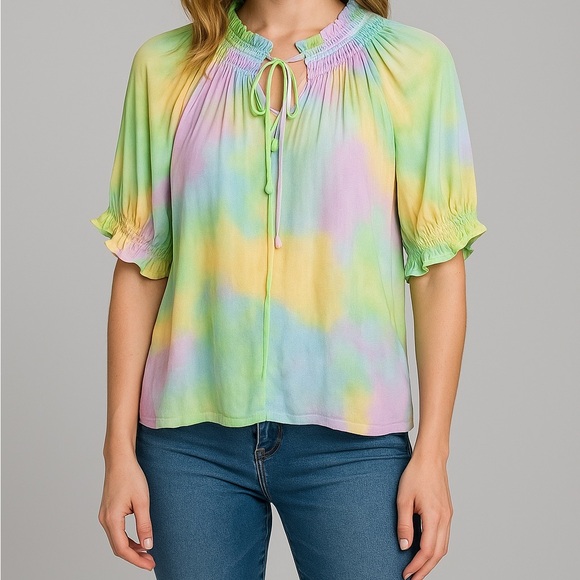 Current Air Noah Split Neck Top Women's Size XS Multicolor Ruffled Pastel - Picture 1 of 11